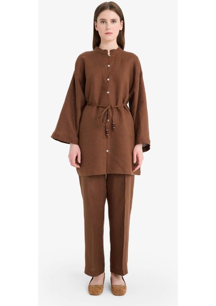 %100 Keten Straight Fit Beli Lastikli Cepli Pantolon D4388AX25SM