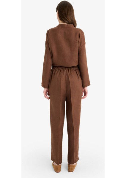 %100 Keten Straight Fit Beli Lastikli Cepli Pantolon D4388AX25SM