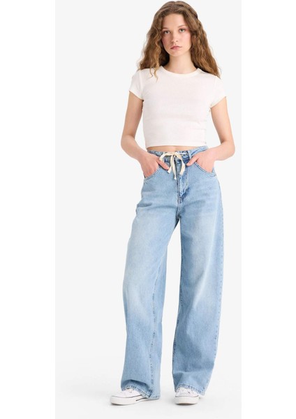 Wide Leg Bağcıklı Bel Uzun Jean Yıkamalı Pantolon