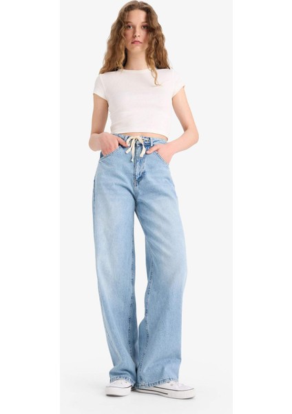 Wide Leg Bağcıklı Bel Uzun Jean Yıkamalı Pantolon