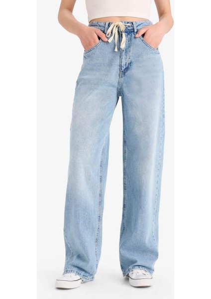 Wide Leg Bağcıklı Bel Uzun Jean Yıkamalı Pantolon