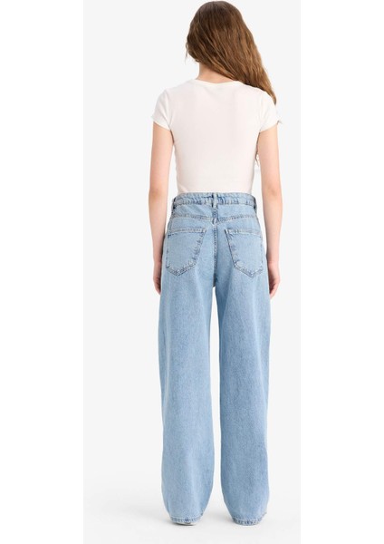 Wide Leg Bağcıklı Bel Uzun Jean Yıkamalı Pantolon