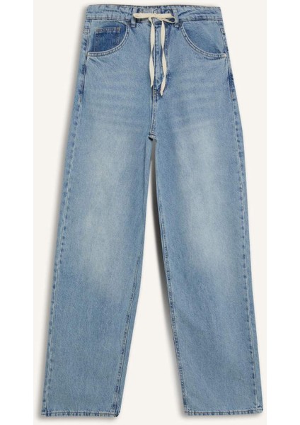 Wide Leg Bağcıklı Bel Uzun Jean Yıkamalı Pantolon
