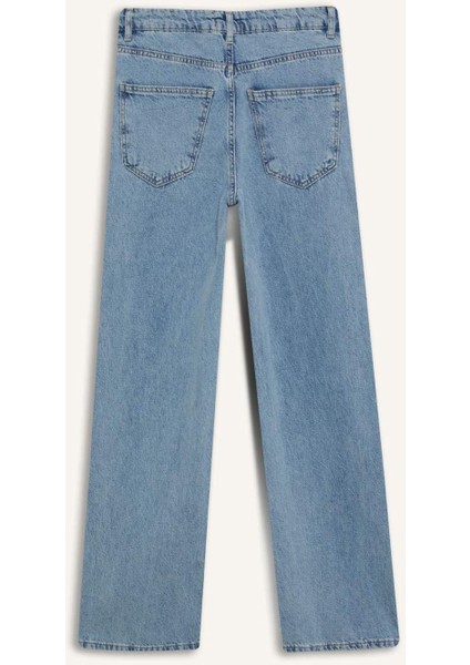 Wide Leg Bağcıklı Bel Uzun Jean Yıkamalı Pantolon