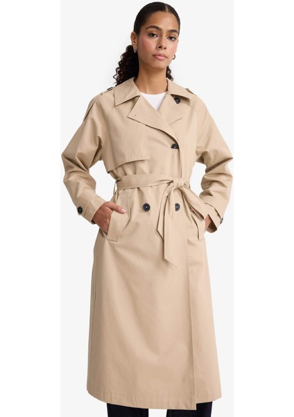 Regular Fit Pamuklu Kemerli Uzun Trençkot