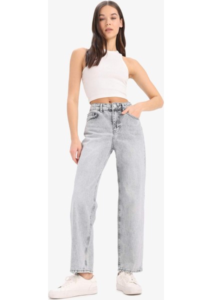 Straight Fit Yüksek Bel Kısa Paça Jean Yıkamalı Pantolon E8013AX25SM