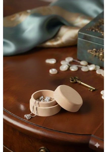 El Yapımı Kayın Ağacı Kapaklı Yuvarlak Takı Kutusu - Yüzük Kolye Aksesuar Saklama Ahşap Kutu