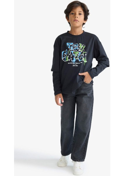 Erkek Çocuk Oversize Geniş Kalıp Bisiklet Yaka Baskılı Uzun Kollu Tişört E9585A825AU