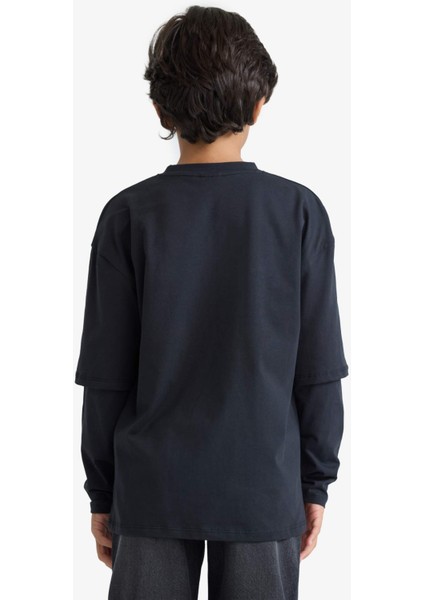 Erkek Çocuk Oversize Geniş Kalıp Bisiklet Yaka Baskılı Uzun Kollu Tişört E9585A825AU