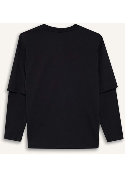 Erkek Çocuk Oversize Geniş Kalıp Bisiklet Yaka Baskılı Uzun Kollu Tişört E9585A825AU