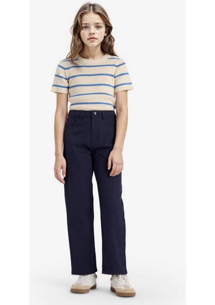 Kız Çocuk Straight Fit Geniş Bol Paça Cepli Pamuklu Okul Pantolonu