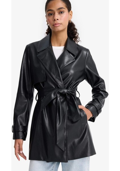 Regular Fit Kemerli Cepli Suni Deri Kısa Trençkot E8596AX25AU