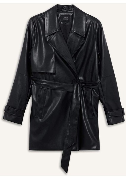 Regular Fit Kemerli Cepli Suni Deri Kısa Trençkot E8596AX25AU