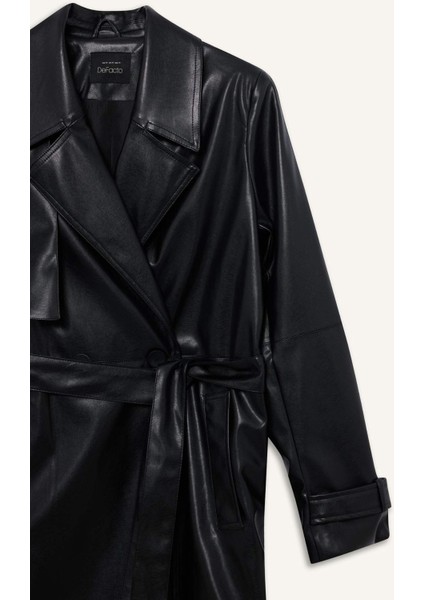 Regular Fit Kemerli Cepli Suni Deri Kısa Trençkot E8596AX25AU