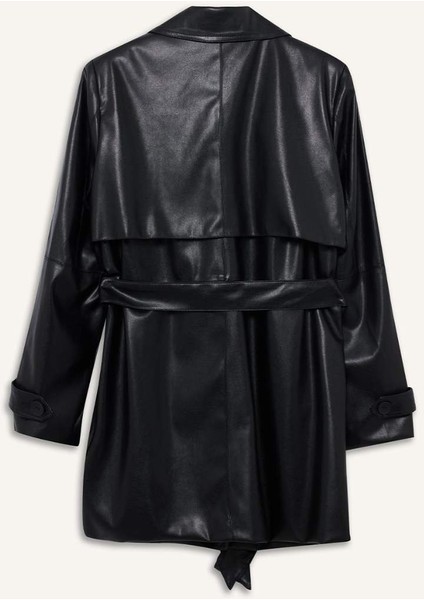 Regular Fit Kemerli Cepli Suni Deri Kısa Trençkot E8596AX25AU