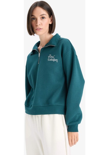 Regular Fit Yarım Fermuarlı Baskılı Kalın Sweatshirt F1067AX25AU