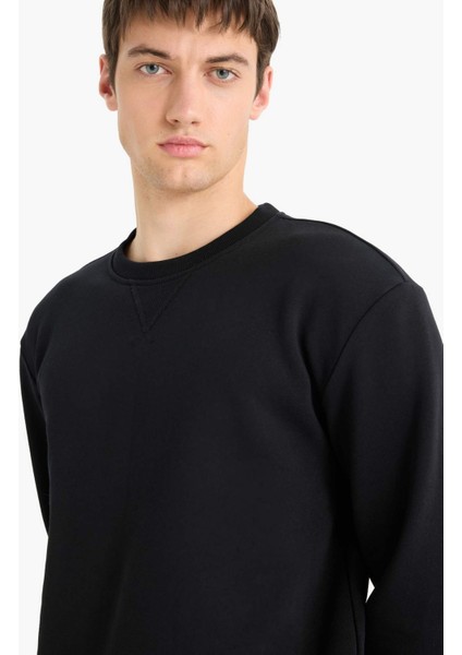 Regular Fit Bisiklet Yaka Basic Düz Kalın Sweatshirt