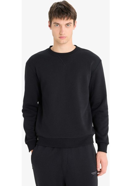 Regular Fit Bisiklet Yaka Basic Düz Kalın Sweatshirt