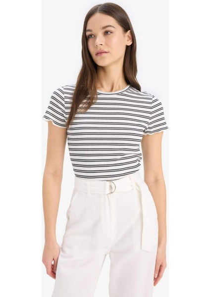 Fitted Bisiklet Yaka Çizgili Fitilli Kaşkorse Kısa Kollu Tişört K1965AZ25SM