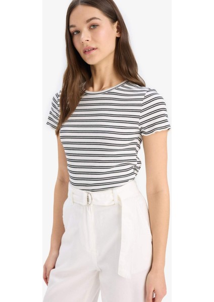 Fitted Bisiklet Yaka Çizgili Fitilli Kaşkorse Kısa Kollu Tişört K1965AZ25SM