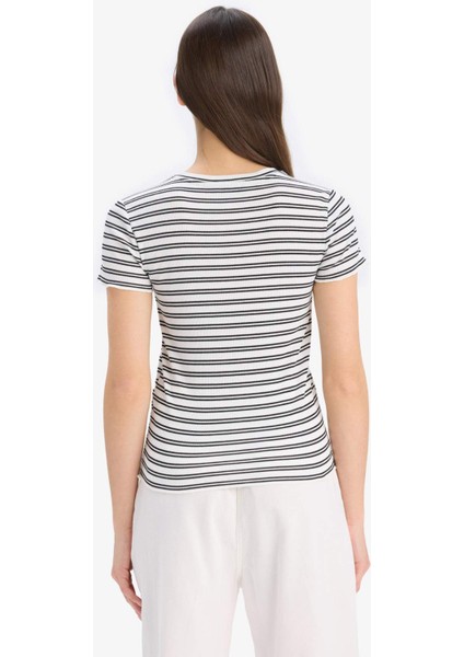Fitted Bisiklet Yaka Çizgili Fitilli Kaşkorse Kısa Kollu Tişört K1965AZ25SM