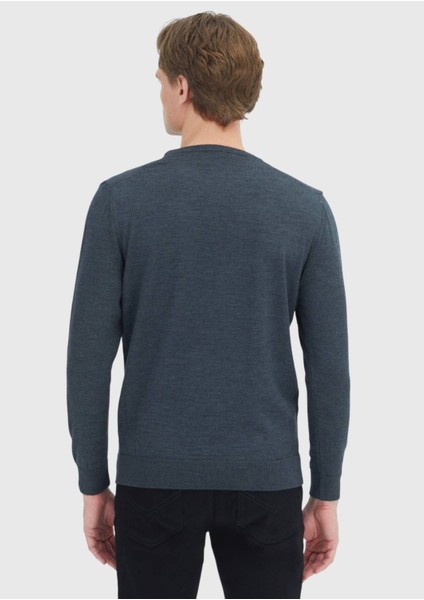 Antrasit Bisiklet Yaka Düz Örgü Yün Karışımlı Triko Kazak