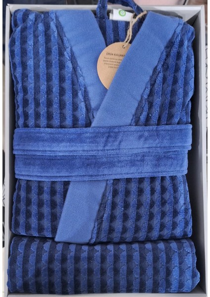 Circolare Lacivert Bornoz Seti (1 Bornoz + 1 Havlu)