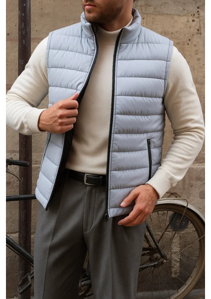 Erkek Kışlık Kolsuz Trend Astarlı Gri Şişme Yelek