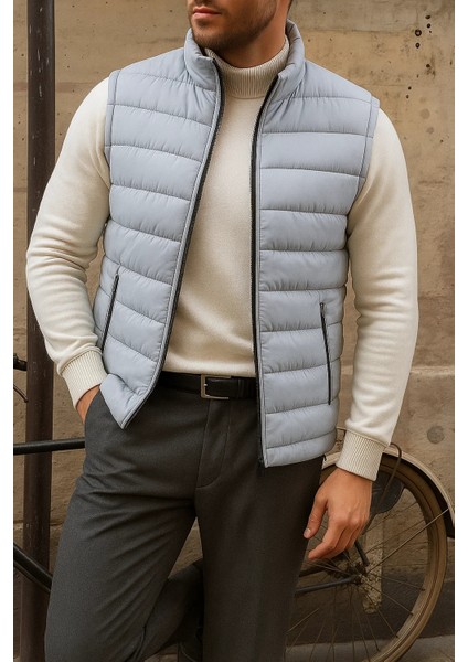 Erkek Kışlık Kolsuz Trend Astarlı Gri Şişme Yelek modelleri