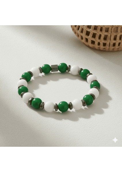 Küre Kesim Yeşil Beyaz Jade Hematit Doğaltaş Erkek Taraftar Bileklik - M2 fırsatları