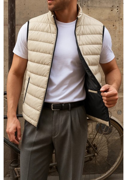 Erkek Kışlık Kolsuz Trend Astarlı Krem Şişme Yelek