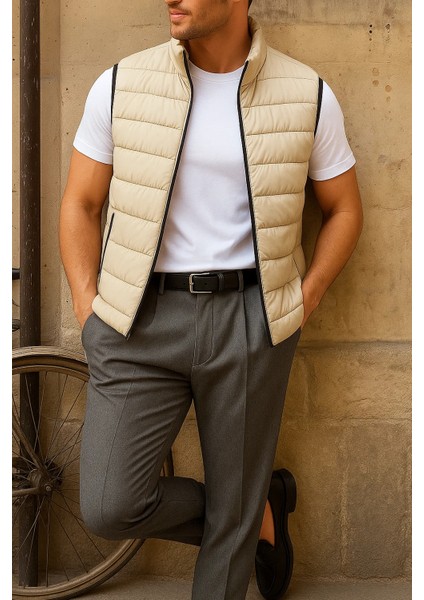 Erkek Kışlık Kolsuz Trend Astarlı Krem Şişme Yelek modelleri
