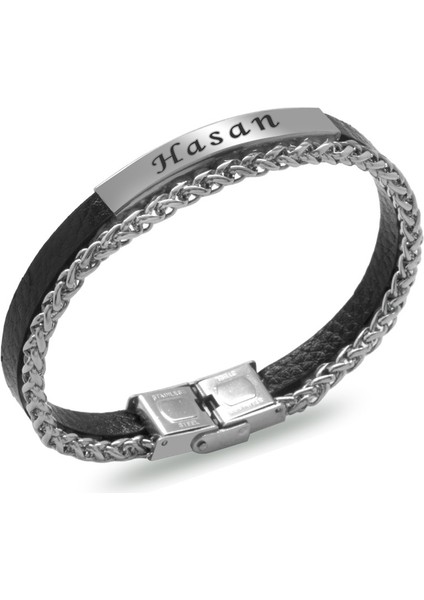 Spiga Çelik Zincir ve Deri Bileşim Isme Özel Yazılı Erkek Bileklik