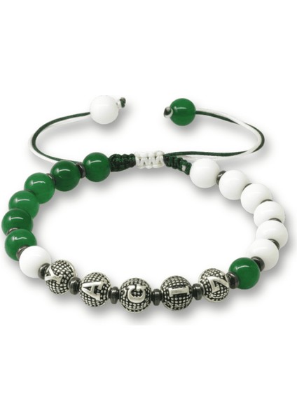 Isme Özel Yazılı Makrome Örgülü Küre Kesim Yeşil Beyaz Jade Hematit Doğaltaş Erkek Taraftar Bileklik