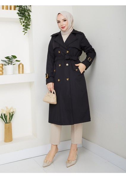 Kadın Siyah Arkası Düğmeli Trençkot