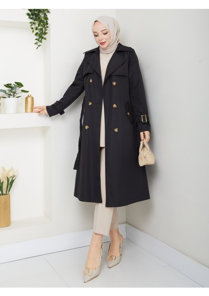 Kadın Siyah Arkası Düğmeli Trençkot fiyatları