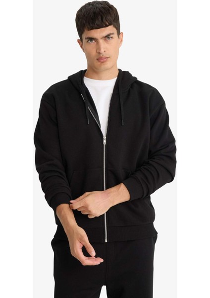 Comfort Fit Kapüşonlu İçi Yumuşak Tüylü Basic Düz Cepli Kalın Fermuarlı Sweatshirt D7599AX25AU