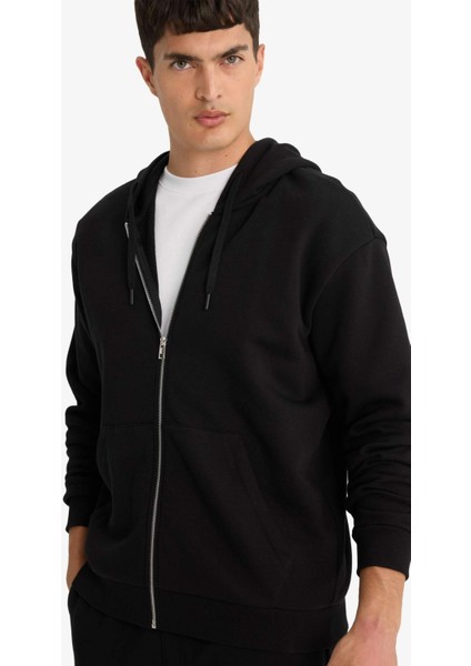Comfort Fit Kapüşonlu İçi Yumuşak Tüylü Basic Düz Cepli Kalın Fermuarlı Sweatshirt D7599AX25AU