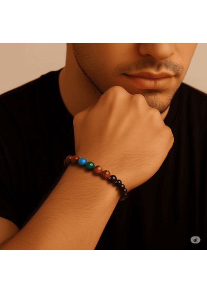 Gümüş Renk Metal Zincirli Küre Kesim Çoklu Kaplan Gözü Doğaltaş Kombinli Erkek Enerji Bilekliği modelleri