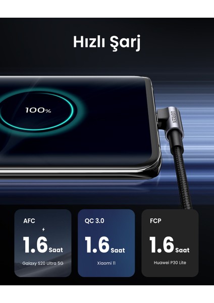 Usb-C To Usb-A 3A Qc 90 Derece Hızlı Şarj Kablosu, 2 Metre, Uzay Girişi, 50942