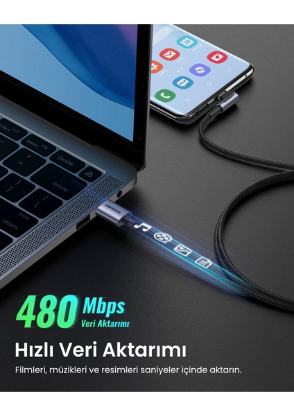 Usb-C To Usb-A 3A Qc 90 Derece Hızlı Şarj Kablosu, 2 Metre, Uzay Girişi, 50942