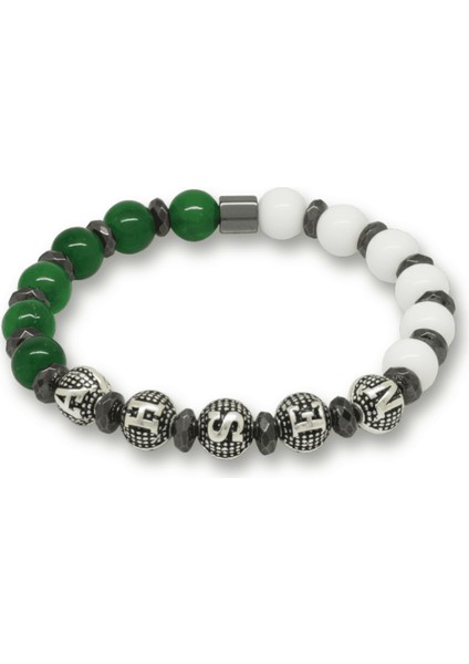 Isme Özel Yazılı Küre Kesim Yeşil Beyaz Jade Hematit Doğaltaş Erkek Taraftar Bileklik