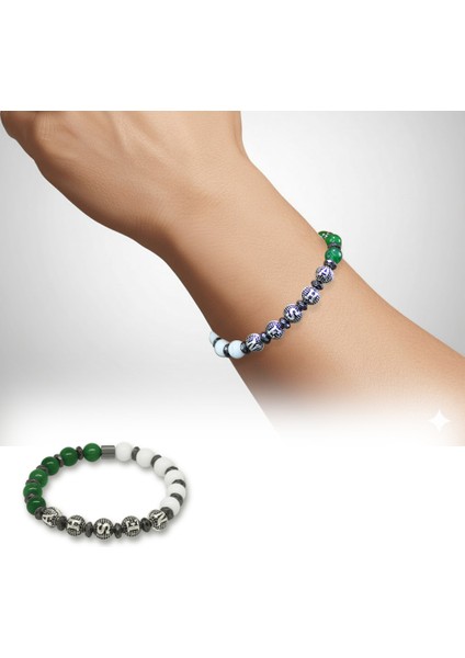 Isme Özel Yazılı Küre Kesim Yeşil Beyaz Jade Hematit Doğaltaş Erkek Taraftar Bileklik fiyatları