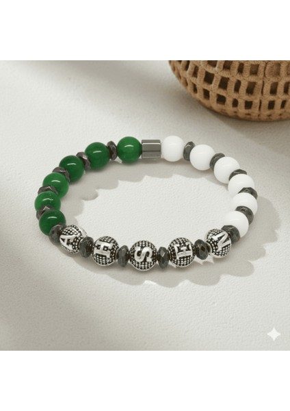 Isme Özel Yazılı Küre Kesim Yeşil Beyaz Jade Hematit Doğaltaş Erkek Taraftar Bileklik fırsatları