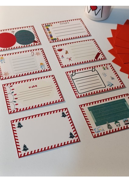Yeni Yıl Yılbaşı Not Kartı Kırmızı Set 8 'li Mini Zarf ile Birlikte (9x7 Xm)