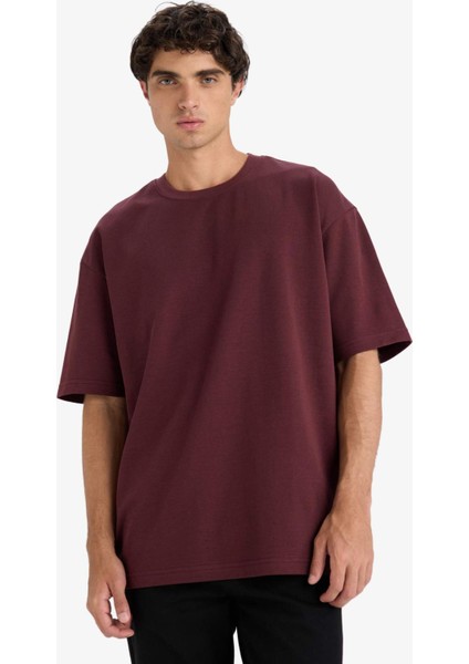 Oversize Geniş Kalıp Bisiklet Yaka Ağır Kumaş Basic Düz Kısa Kollu Tişört E9798AX25AU