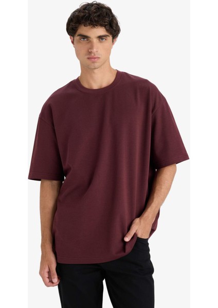 Oversize Geniş Kalıp Bisiklet Yaka Ağır Kumaş Basic Düz Kısa Kollu Tişört E9798AX25AU