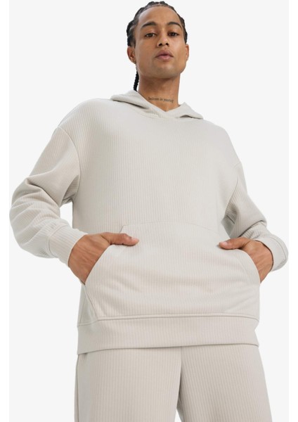 Boxy Fit Kapüşonlu Kanguru Cepli Jakarlı Sweatshirt