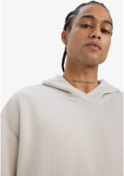 Boxy Fit Kapüşonlu Kanguru Cepli Jakarlı Sweatshirt