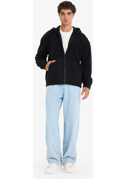 Boxy Fit Kapüşonlu Fermuarlı Polar Sweatshirt